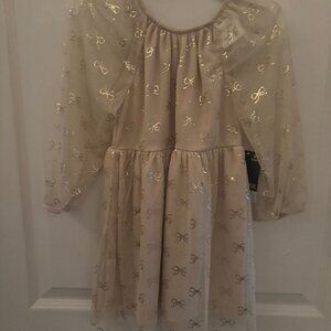 Okie Dokie Toddler Girl 2T Beige Dress with Shimmering Gold Bows NEW